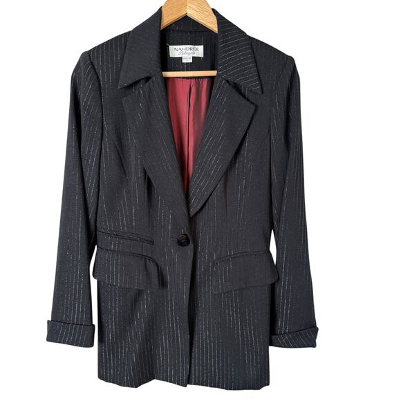 Nahdree Lifestyle Jackets & Blazers - Vintage 90s Metallic‎ Pin Stripe Blazer Black Evening Jacket One Button, Size 4